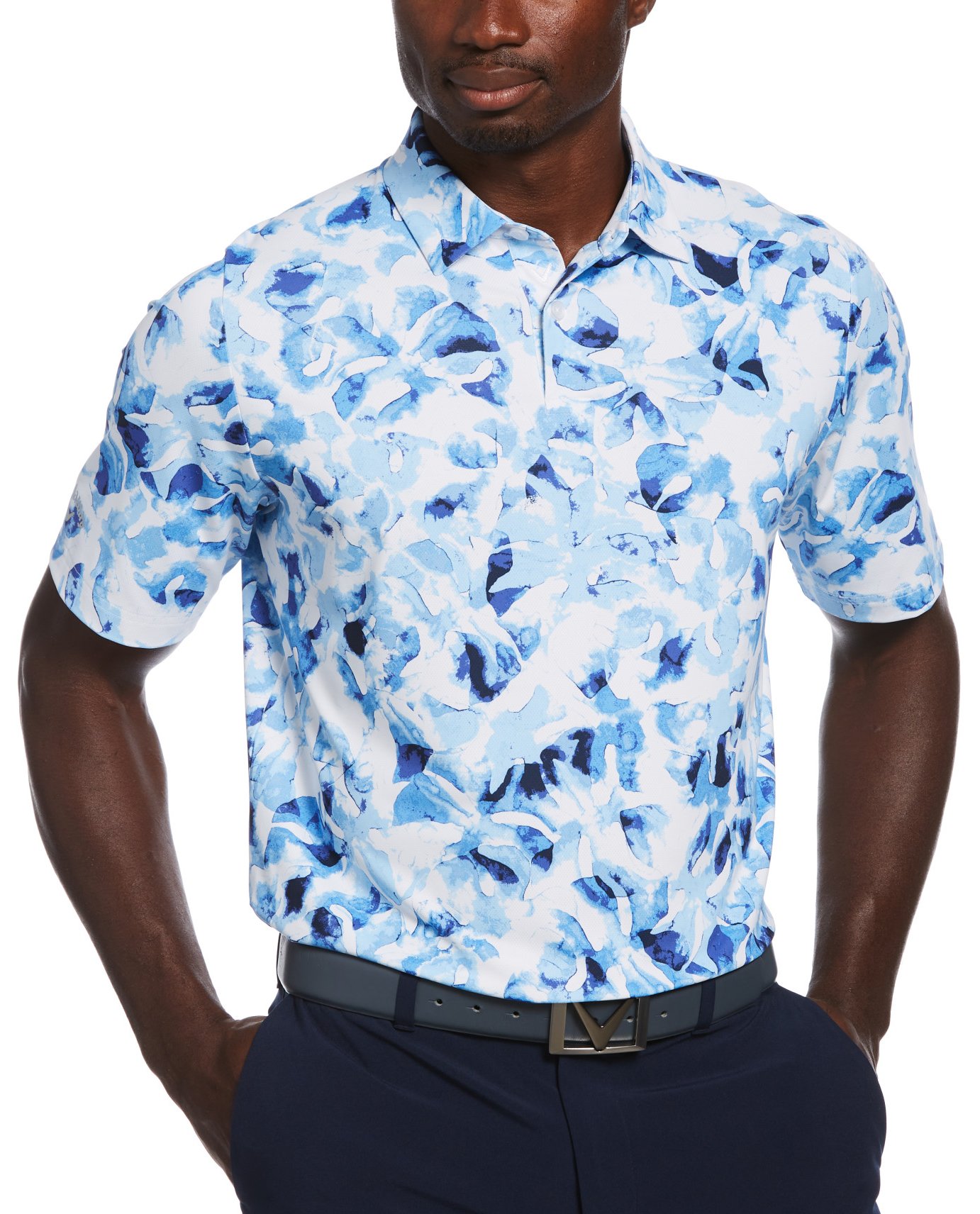 Save 43% on Callaway Men's Tie Dye Leaf Print Golf Polo, Polyester/elastane In Bright White, Size S