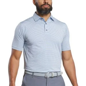 FootJoy Emory Stripe Lisle Golf Polo - Skyway/Dark Denim/White