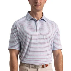 FootJoy Practice Stripe Lisle Golf Polo White/Blue Breeze/Orchid Smoke