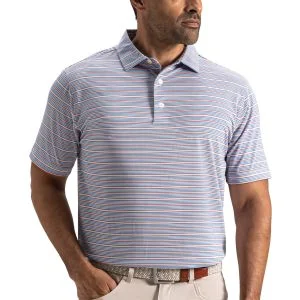 FootJoy Practice Stripe Lisle Golf Polo White/Riviera Blue/Peach