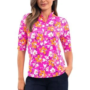 IBKUL Women's Eleanor Print Ruched Elbow Sleeve Golf Top