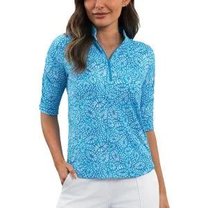 IBKUL Women's Gladis Print Ruched Elbow Sleeve Golf Top