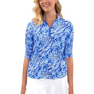 IBKUL Womens Yesenia Print Ruched Elbow Sleeve Golf Top