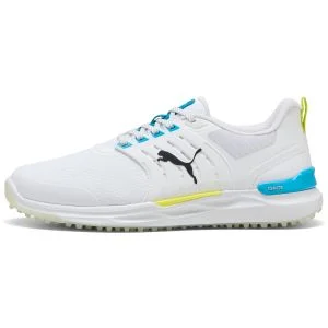 PUMA IGNITE ELEVATE 2 Spikeless Golf Shoes Puma White/Speed Blue/Apple Spritz Lateral Side View