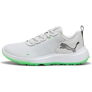 PUMA Junior Gruve Sport Golf Shoes Feather Gray/Puma White/Fluro Green Lateral Side View