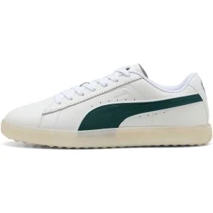 PUMA Suede G Spikeless Golf Shoes Puma White/Green Terrain/Warm White Lateral Side View