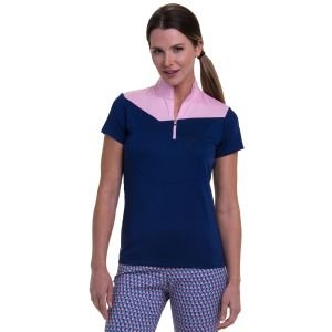 EPNY Women's Cap Sleeve Zip Mock Angled Blocking Golf Polo