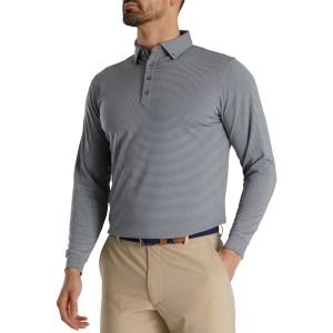 FootJoy Feeder Stripe Jersey Buttondown Collar Long Sleeve Golf Polo - Heather Smoke/Heather Grey