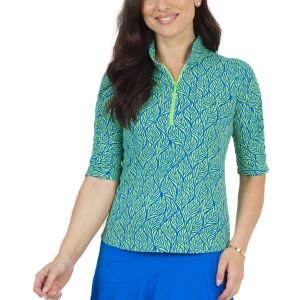 IBKUL Women's Sally Print Mandarin Collar Ruched Elbow Sleeve Golf Top