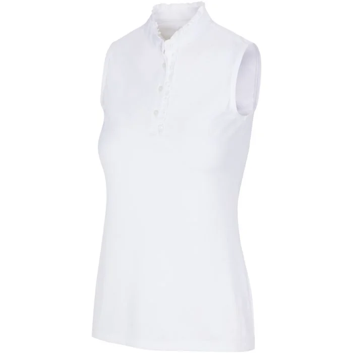ラッセルノ ゴルフ コブラプリント モックネック ショートスリーブ ホワイト 5 Greg Norman Women's ML75 Ruffle Collar Sleeveless Button Golf Polo