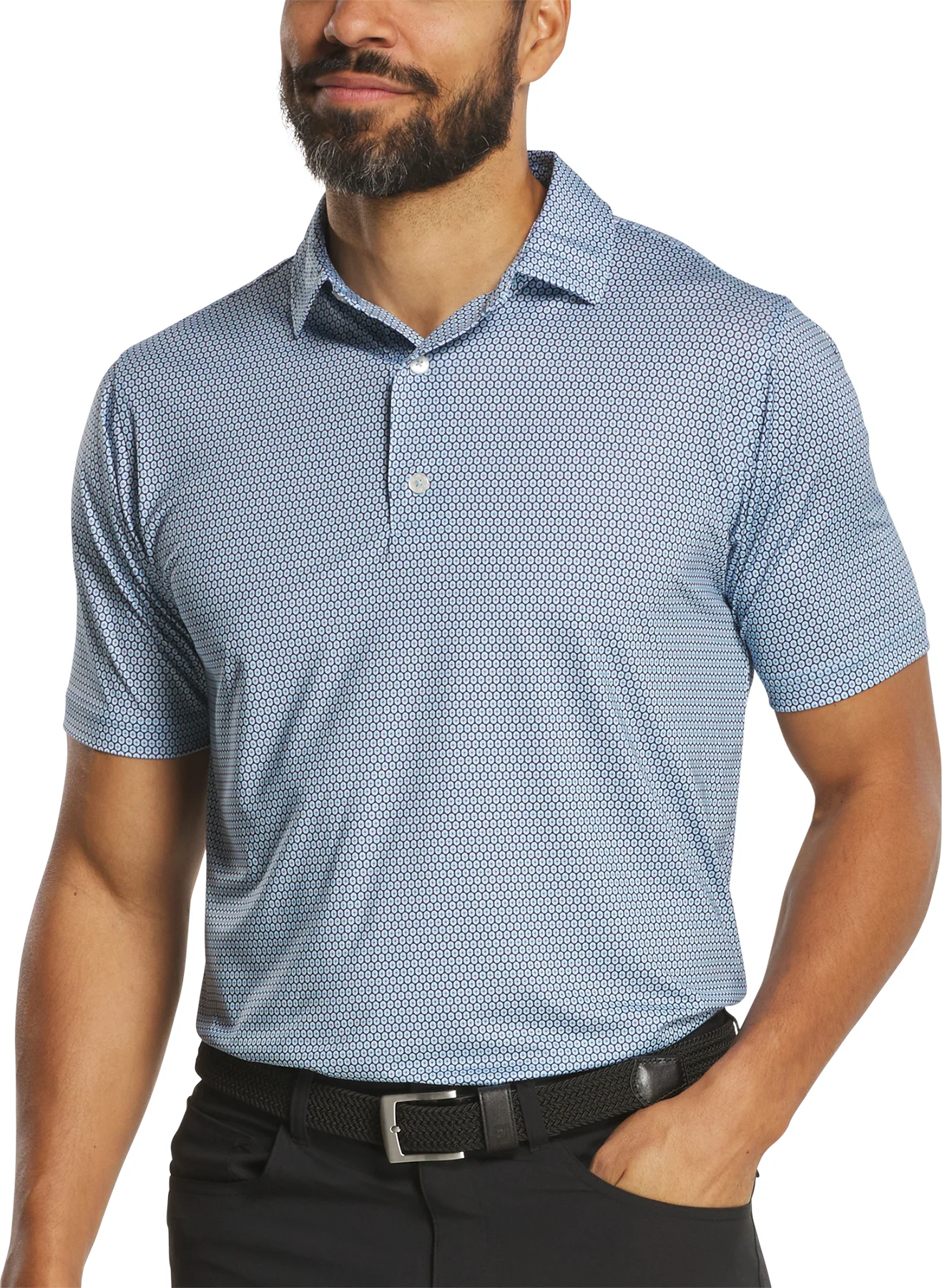 FootJoy Athletic Fit Stellar Lisle Mens Golf Polo - Navy/White/Blue - Blue, Size: X-Large