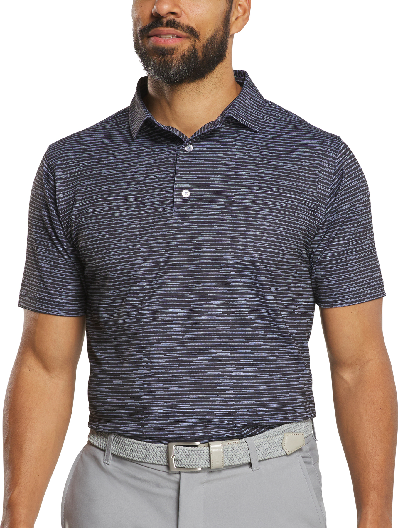 FootJoy Broken Stripe Print Pique Mens Golf Polo - Black/Periwinkle - Black, Size: X-Large