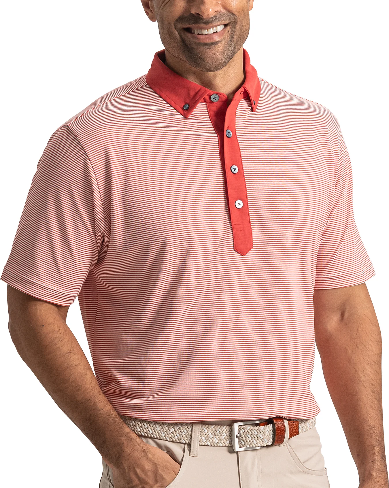 FootJoy Feeder Stripe Pique Mens Golf Polo - Nantucket Red/White - Red, Size: Medium
