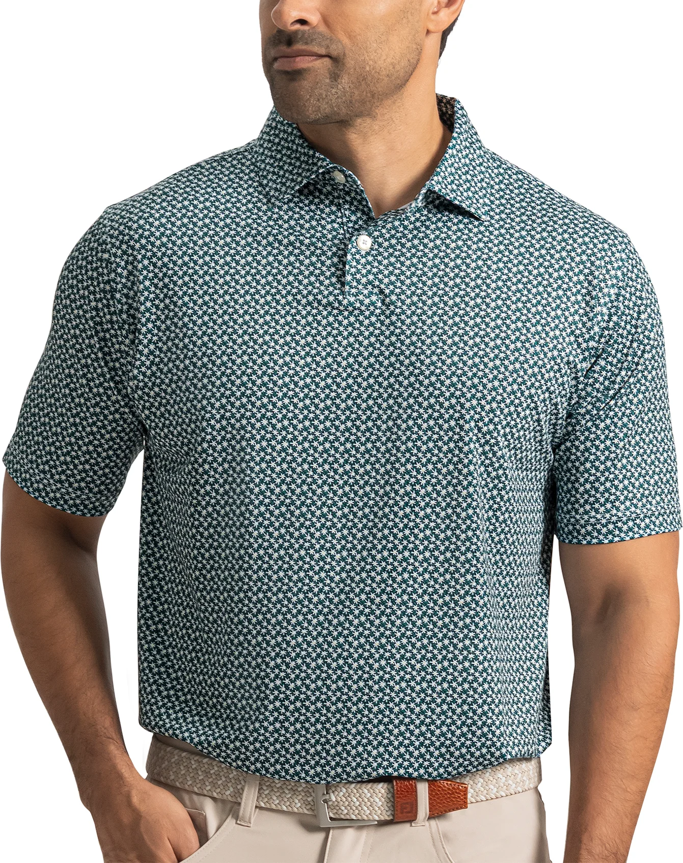 FootJoy Floral Mark Lisle Mens Golf Polo - Navy/Field Green/White - Green, Size: X-Large