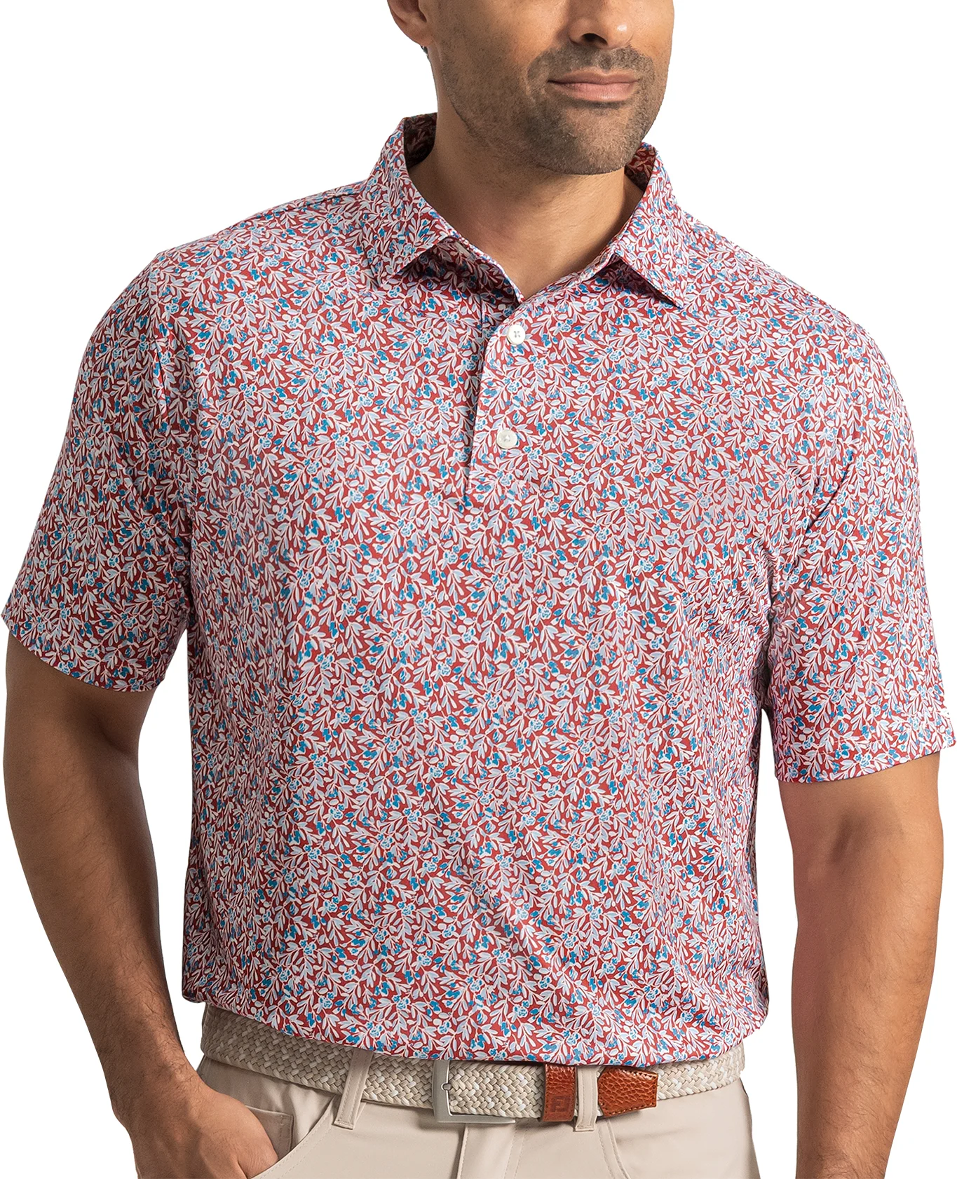 FootJoy Meadow Lisle Mens Golf Polo - Nantucket Red/Chambray/Coastal Blue - Red, Size: X-Large