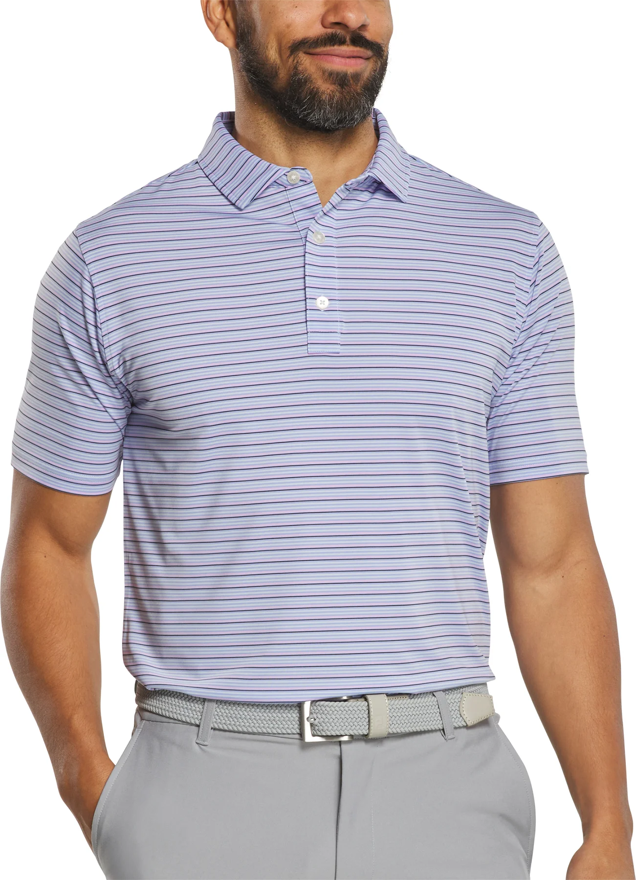 FootJoy Multi Stripe Lisle Mens Golf Polo - Periwinkle/Ice Water/Orchid/Black - Multicolor, Size: Medium
