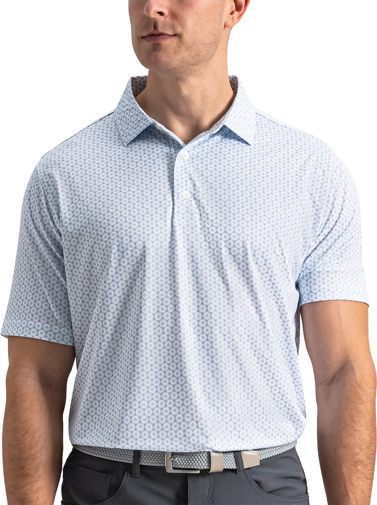 FootJoy Vegas Marker Lisle Mens Golf Polo - White/Blue Breeze/Orchid Smoke - Blue, Size: Small