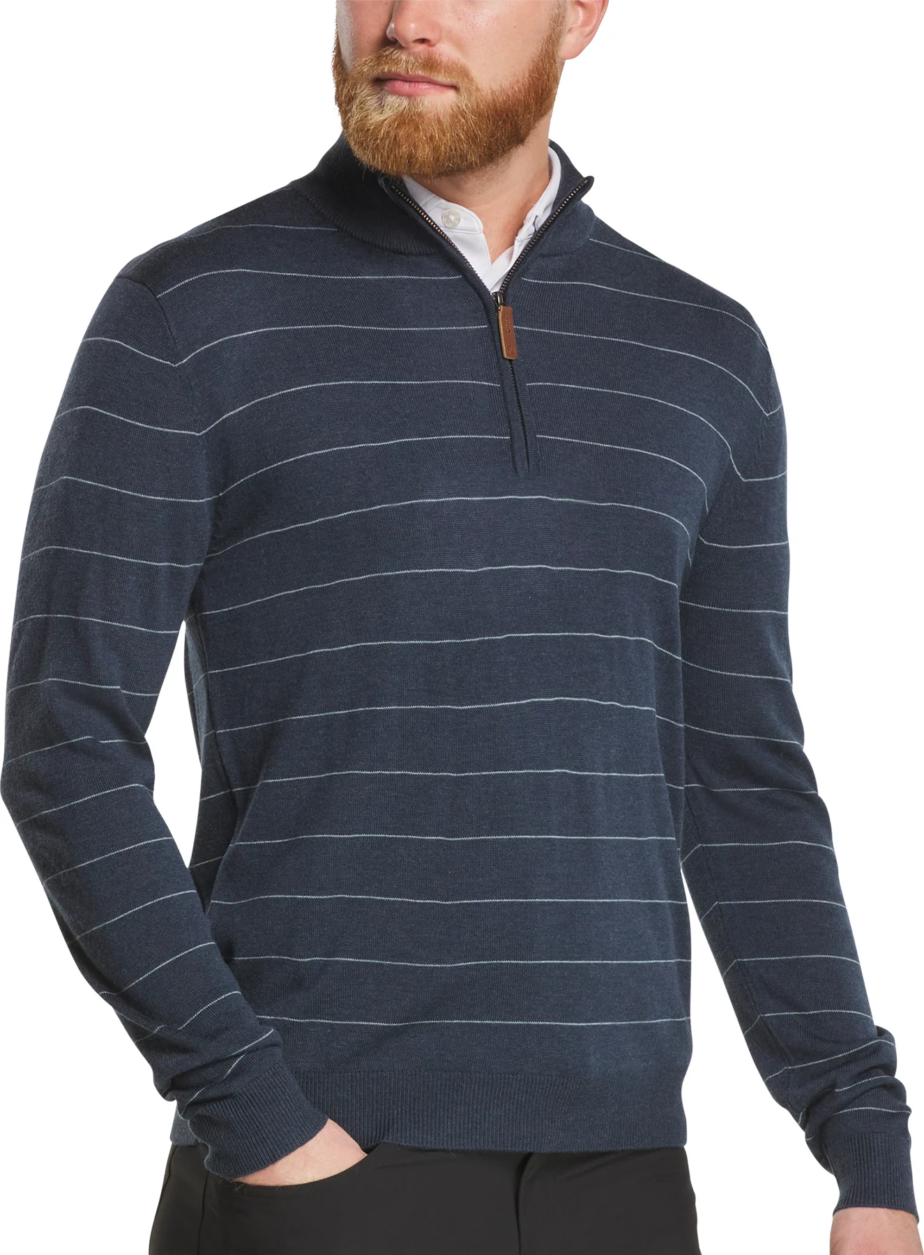 FootJoy Wool Heather Stripe Quarter-Zip Pullover Mens Golf Sweater - Navy/Steel Blue - Blue, Size: Large