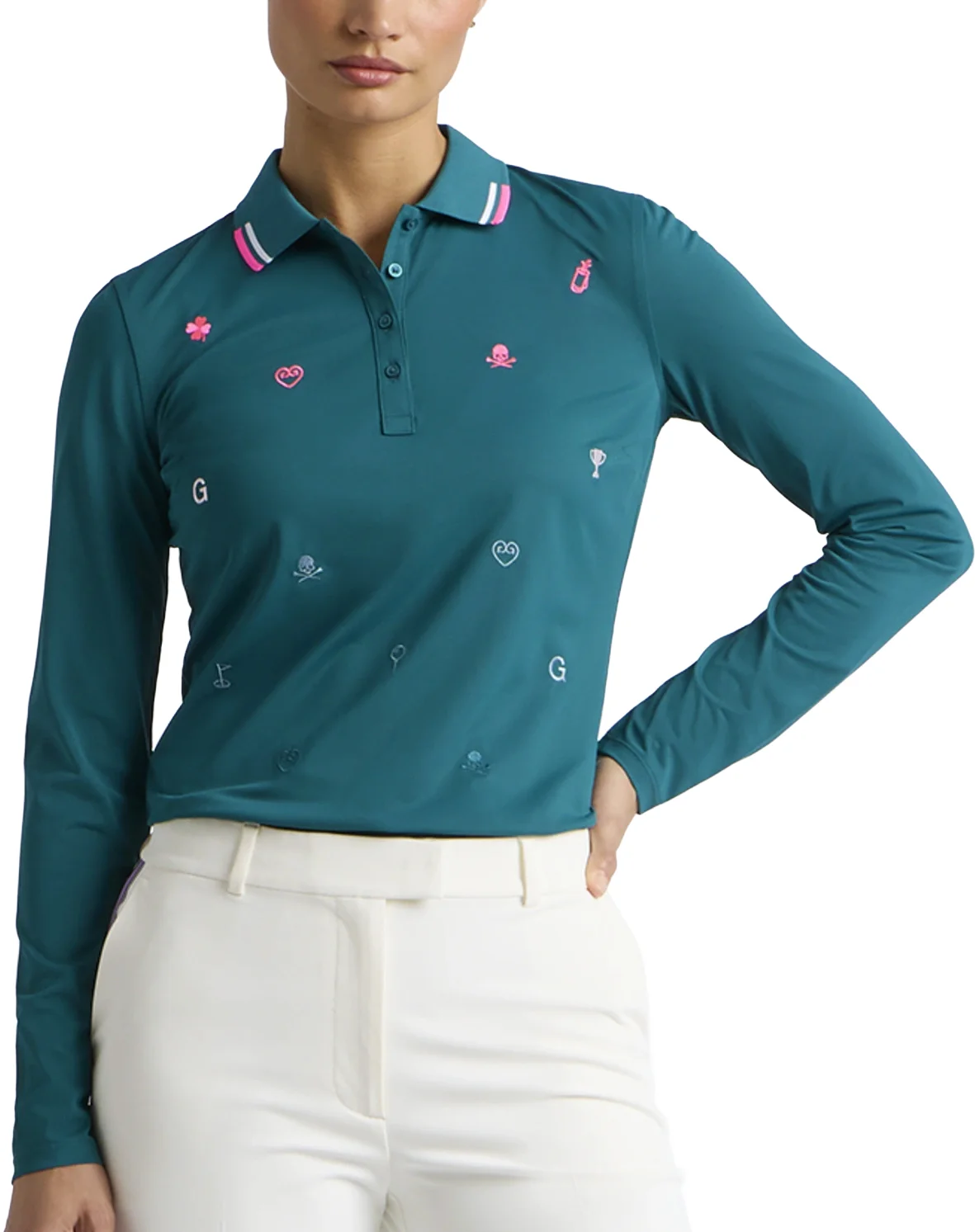 G/FORE Womens Icon Embroidered Tech Pique Long Sleeve Golf Polo - Green, Size: X-Large