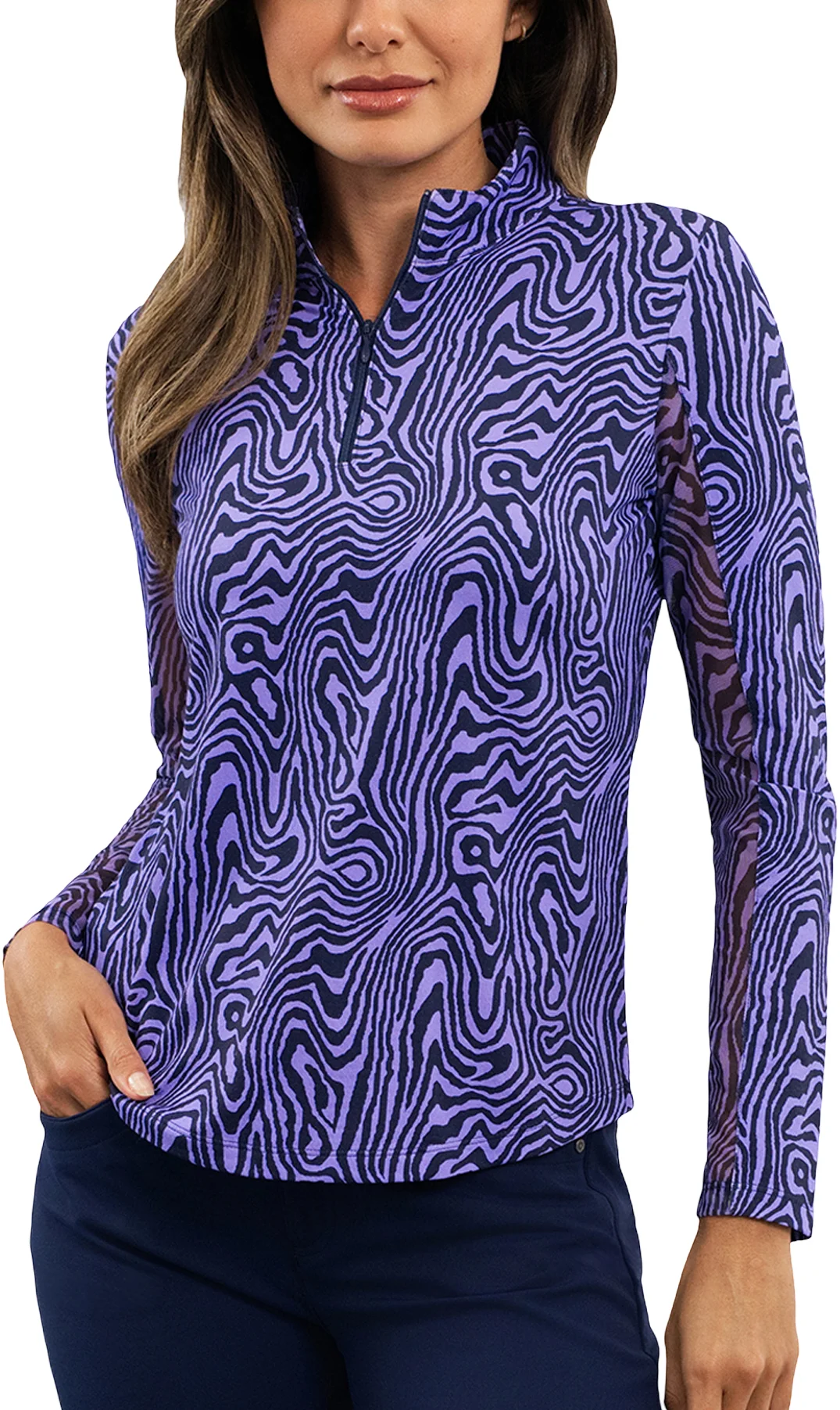 IBKUL Womens Courtney Print Long Sleeve Mock Neck Golf Top - Purple, Size: Medium
