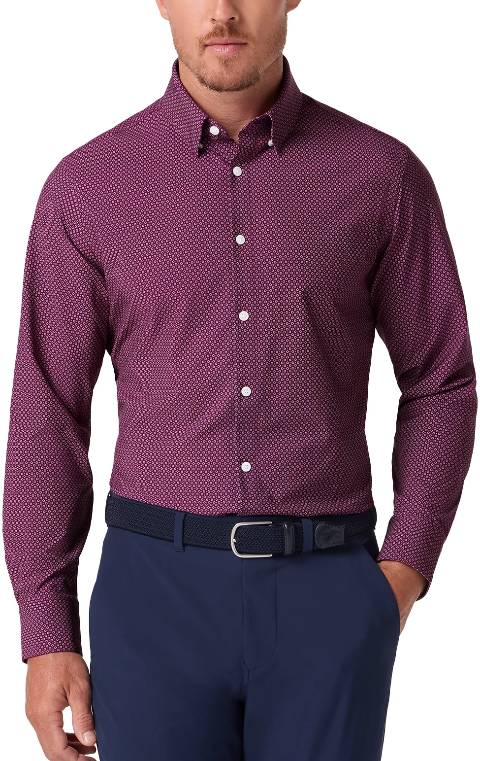 Mizzen+Main Leeward Long Sleeve Button Down Mens Golf Shirt - Eggplant Geo Bloom - Purple, Size: X-Large - Classic