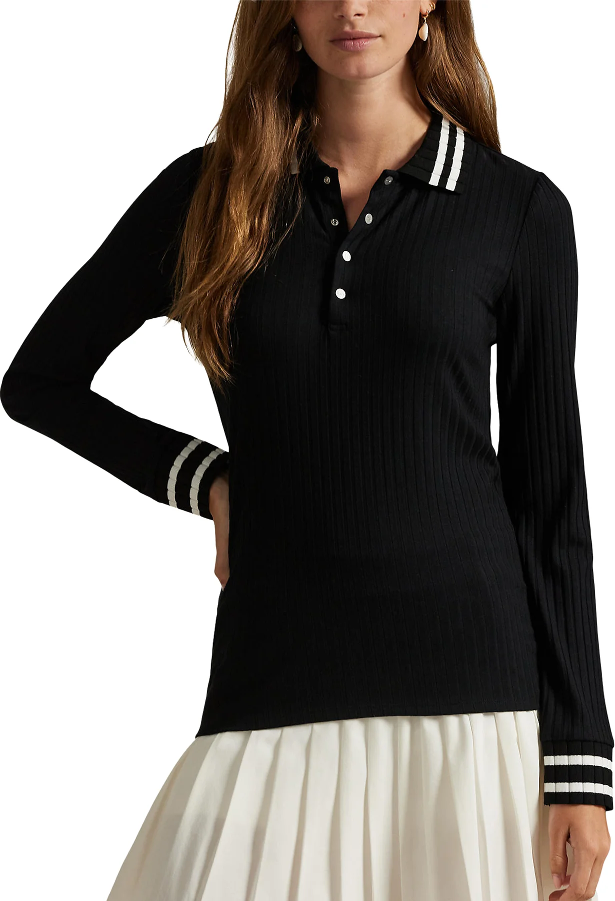 RLX Ralph Lauren Womens Slim Fit Ribbed Long Sleeve Golf Polo Shirt - Black, Size: Small