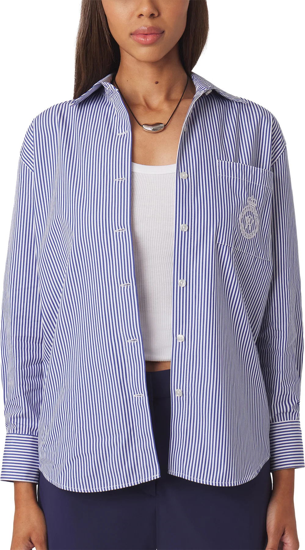 Williams Athletic Club Womens Savannah Long Sleeve Button Up Golf Shirt - Legacy Navy Stripe - Blue, Size: Large